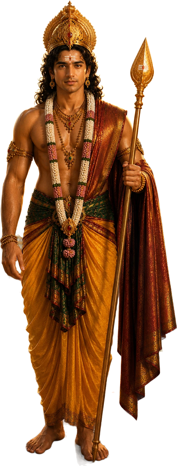 Muruga, crowned, garlanded, holding the Vel